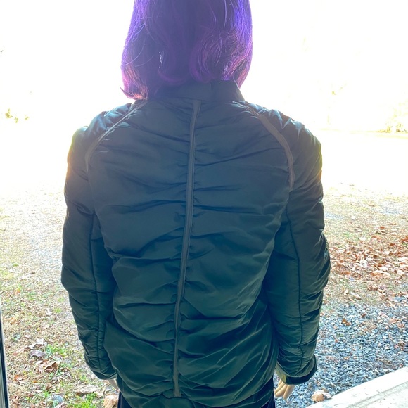 Platinum Olive Nylon Shirred Puffer Bomber Jacket - Picture 5 of 6